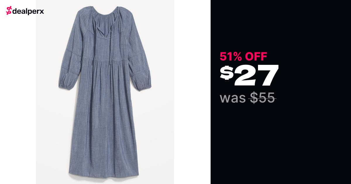 Long-Sleeve Chambray All-Day Midi Swing Dress for Women - Dealperx