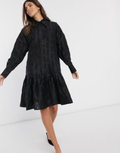 & Other Stories textured jacquard button up smock dress in black