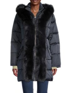 Blue Fox Fur-Trim Hooded Puffer Coat