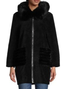 Shearling, Fox & Mink Hooded Fur Coat