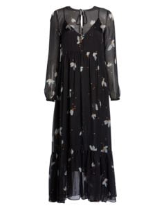Mahonia Print Silk Chiffon Long Flounced Dress