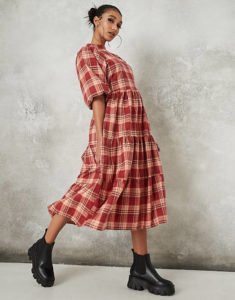 puff sleeve midi smock dress in red check