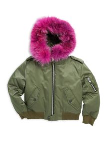 Girl's Jenny Coyote Fur-Trim Down Bomber Jacket