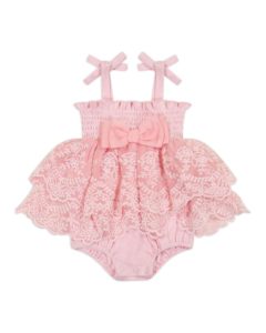 Girl's Tiered Embroidered Lace Smocked Romper, Size 3-9M