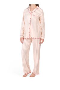 2pc Striped Scalloped Trim Notch Collar Top & Pants Pj Set