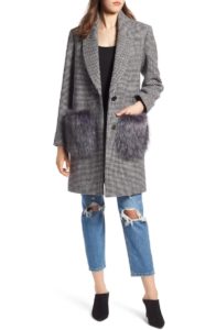Houndstooth Faux Fur Trim Coat