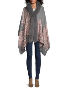 Butterfly-Print & Fox Fur-Trim Wrap