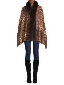 Butterfly-Print & Fox Fur-Trim Cropped Wrap