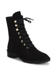 Laine Faux Pearl-Embellished Suede Combat Boots