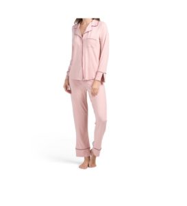 Long Sleeve Notched Pajama Set With Contrast Piping