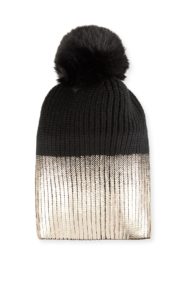 Metallic Knit Beanie with Faux Fur Pompom