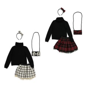 Sweater & Plaid Skirt Set With Headband & Pursep