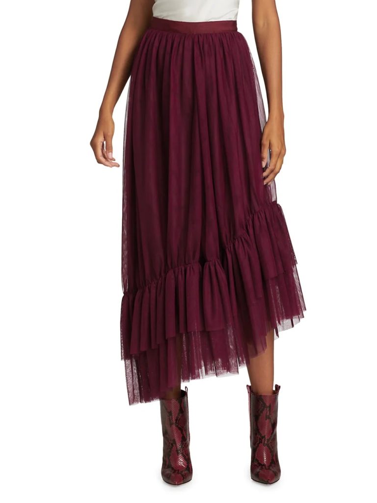 Image of Cheryl Asymmetric Tulle Flounce-Hem Midi Skirt