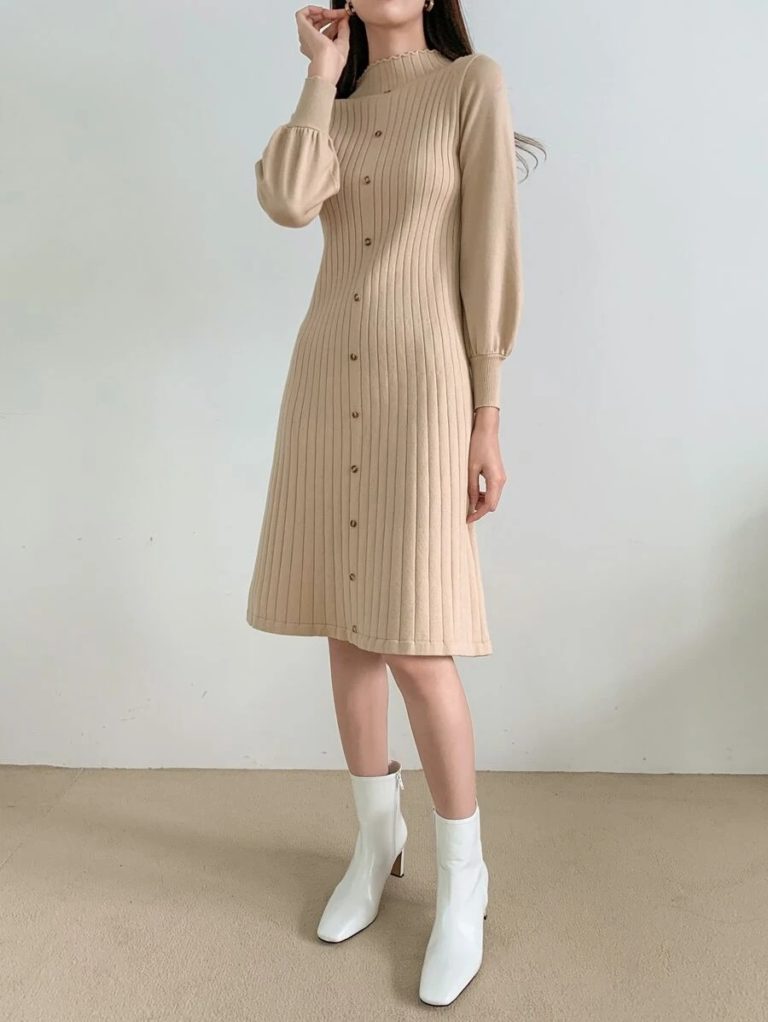 Image of Mock Neck Single Breasted Sweater Dress