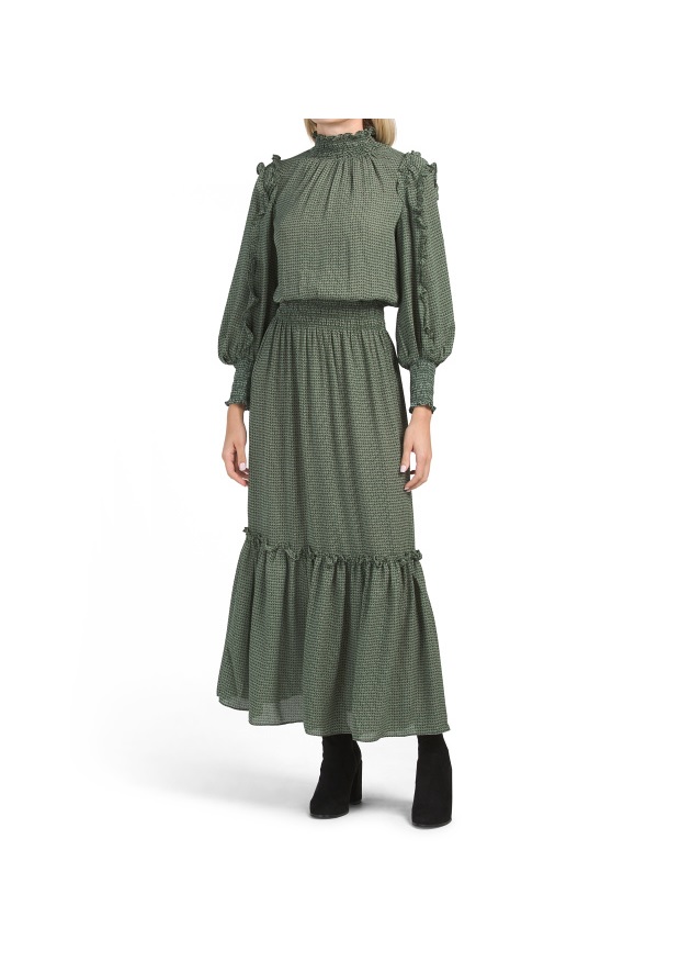 Image of Long Sleeve Smocked Neck Printed Tiered Maxi Dress