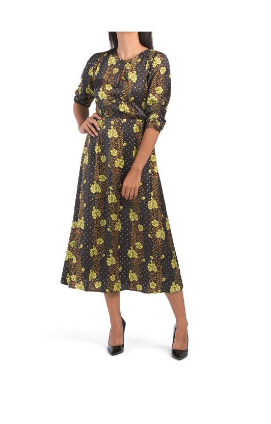 Image of Midi Printed Dress With Gathered Sleeves
