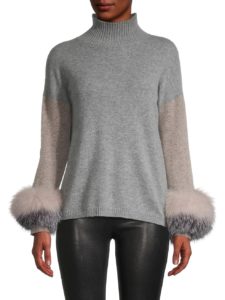 Colorblock Cashmere & Fox Fur-Cuff Sweater
