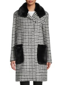 Faux Fur-Trim Houndstooth Coat