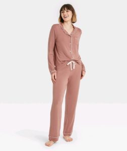 Soft Long Sleeve Notch Collar Top and Pants Pajama Set