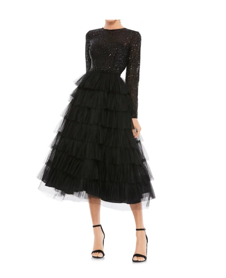 Image of Sequin Tiered Long Sleeve Tulle Dress