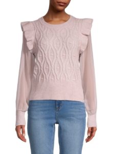 Chiffon-Sleeve Crewneck Sweater