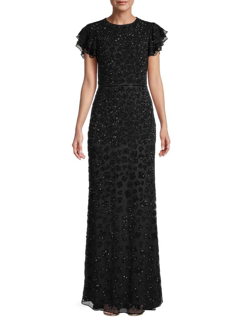 Image of Novelty Floral Embroidery Sequin Column Gown