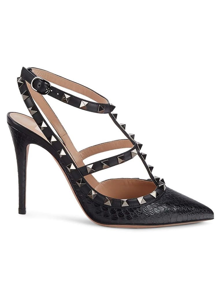 Image of Studded Snakeskin-Embossed Leather Pumps