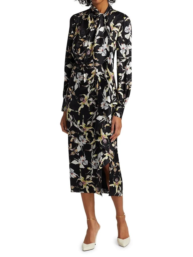 Image of Long Sleeve Silk Satin Jacquard Midi Dress