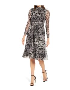 Animal Print Long Sleeve Mesh Midi Dress