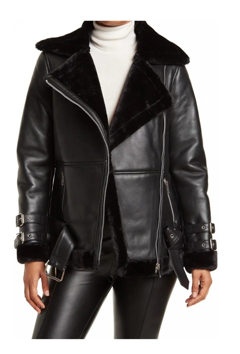 Image of Genuine Leather Faux Shearling Asymmetrical Zip-Up Jacket