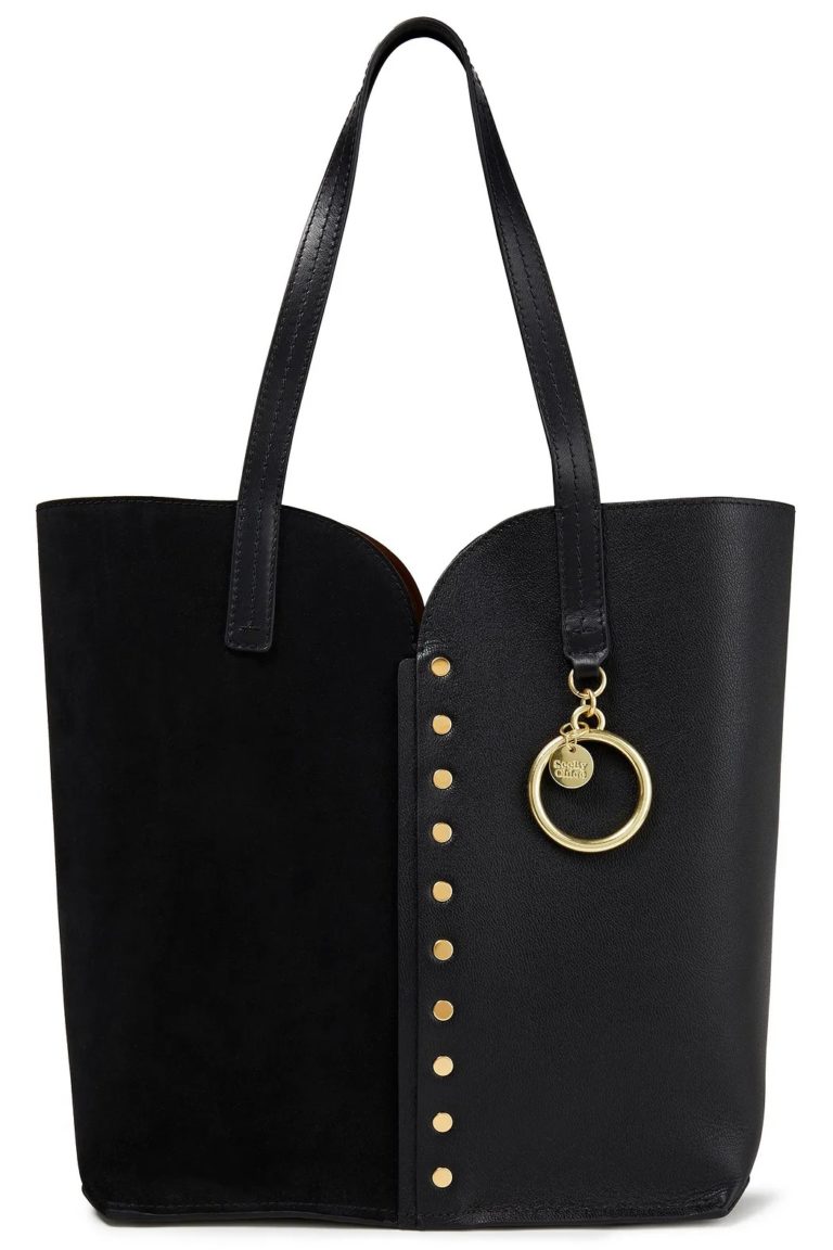 Image of Gaia small studded suede and pebbled-leather tote