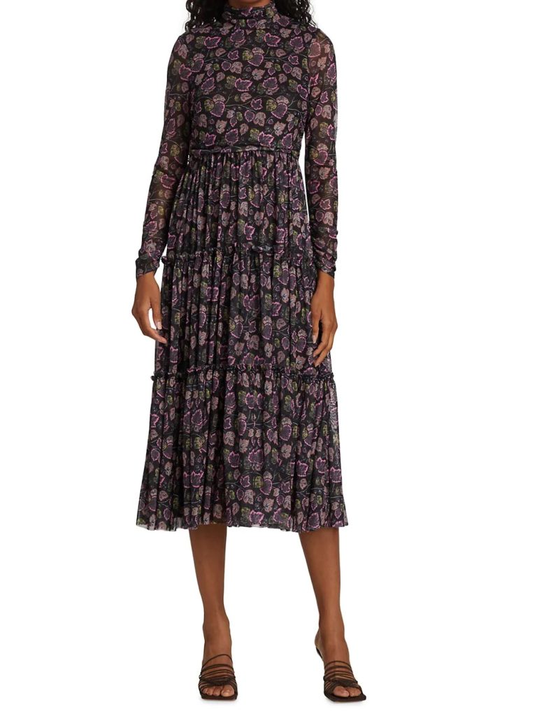 Image of Kourt Leaf-Print Tiered Dress