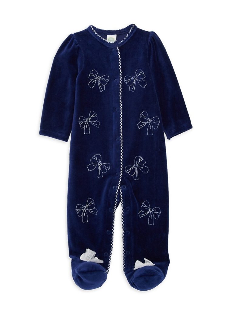 Image of Baby Girl's Bow-Embroidered Velvet Footie