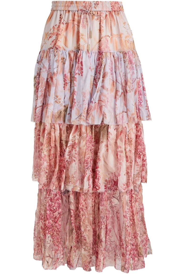Image of Botanica tiered floral-print silk-crepon midi skirt