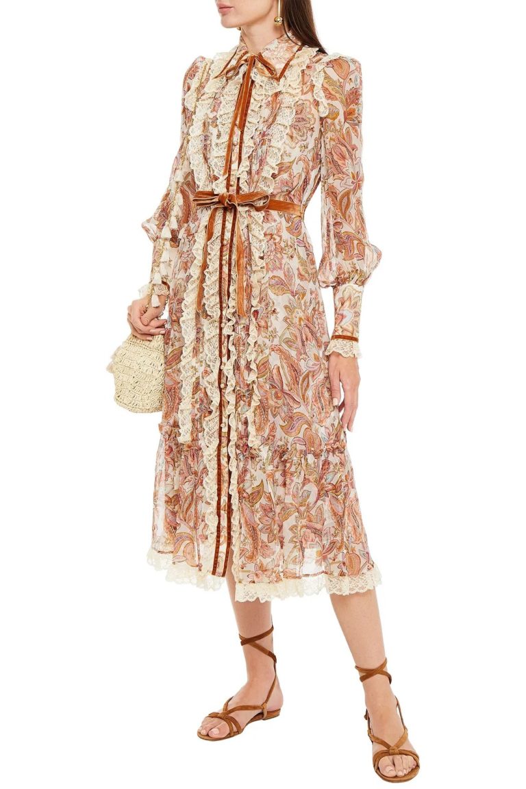 Image of Lace-trimmed printed silk-chiffon midi dress