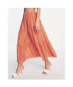 tiered midi skirt in contrast checkp