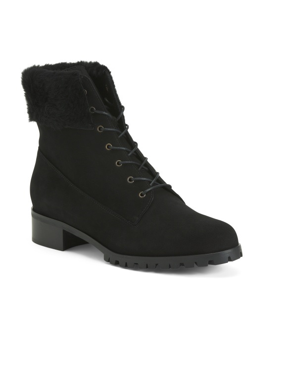 Image of Suede Booties Lace Up With Shearling Cuff