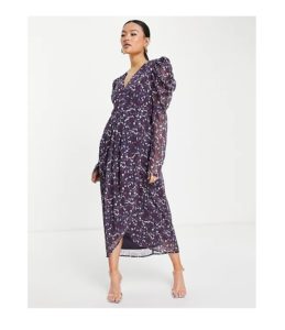 padded shoulder floral midi dress in purplep