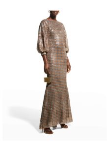 Sequin Glen Plaid Full-Sleeve Gownp