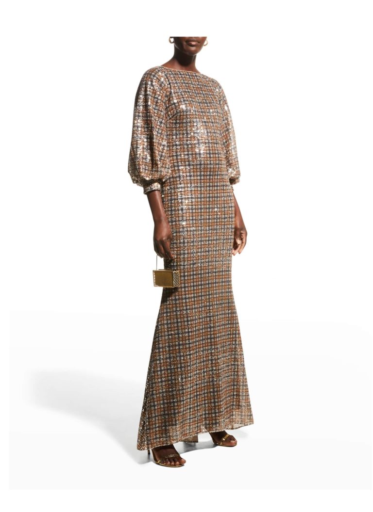 Image of Sequin Glen Plaid Full-Sleeve Gown