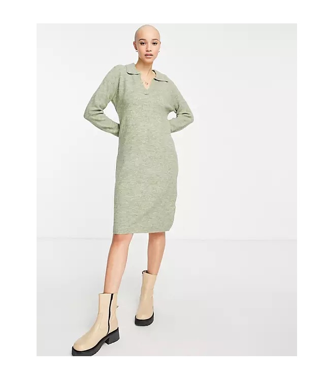 Pieces polo neck knitted dress in green Dealperx