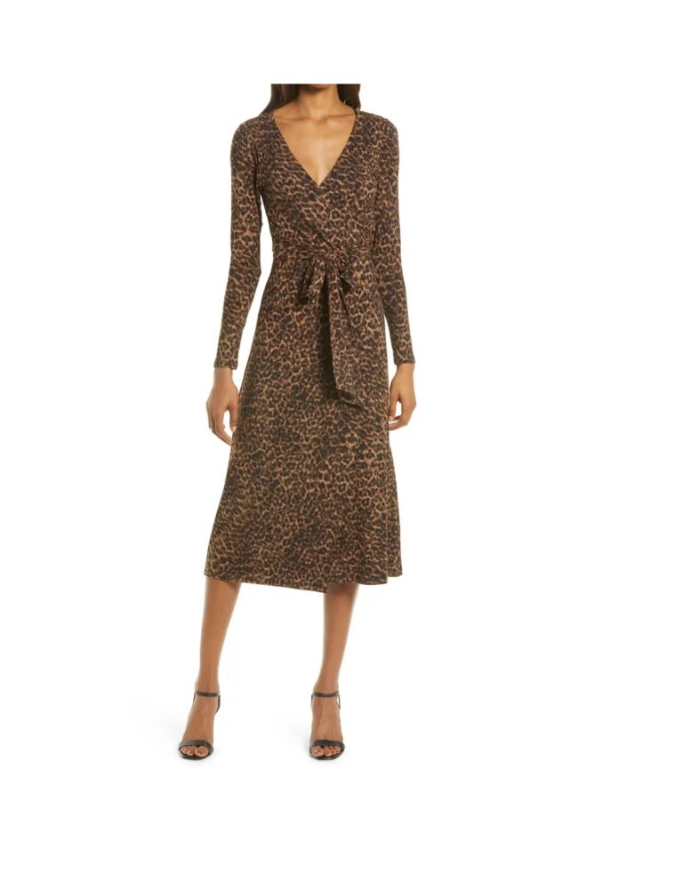 Image of Daynight Leopard Print Long Sleeve Wrap Dress