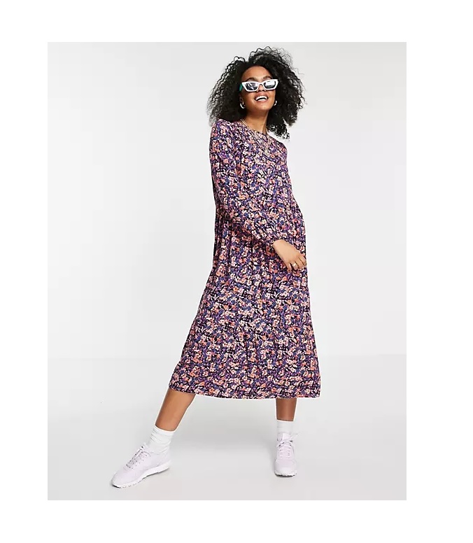 Image of midi smock dress in purple whimsy floral
