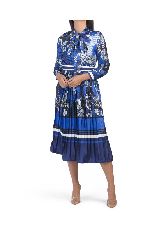 dalia macphee tie neck pleat skirt border printed dress