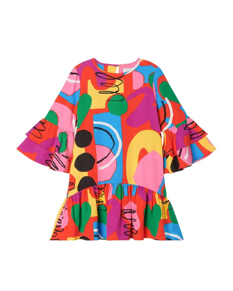 Image of Girl's Abstract Painting-Print Tiered Ruffle Dress,