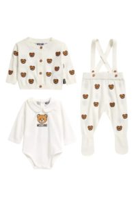 Bear Embroidered Cotton & Wool Cardigan, Bodysuit and Footie Pants Set