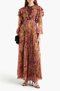 Ruffled pleated floral-print silk crepe de chine maxi dress