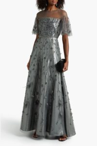 Floral-appliquéd tulle and metallic jacquard gown