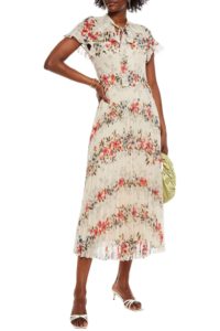 Pussy-bow pleated floral-print georgette midi dress