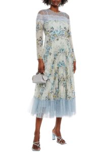 Pleated floral-print georgette, lace and point d'esprit midi dress